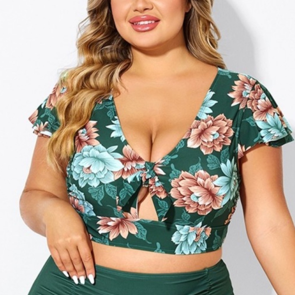 Floral Print Retro Women Bikini Top With Sleeves